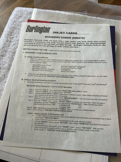 BURLINGTON BUSINESS CARDS--HEAVYWEIGHT --OPENED--22 SHEETS