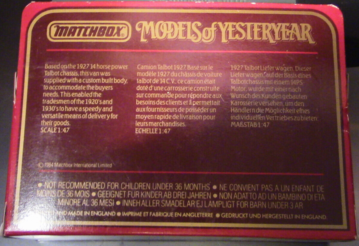 Matchbook Models of Yesterday 1927 Talbot Van (Y5)
