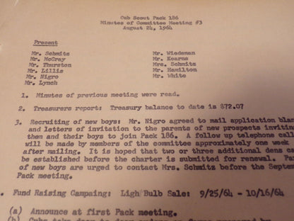 Vintage 1960's Cub Scout Pack 186 Committee Meeting Minutes Documents