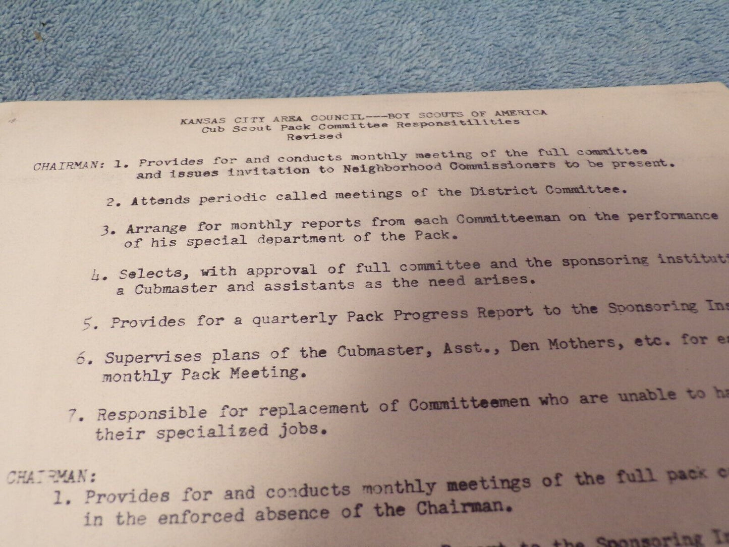 Vintage 1960s Cub Scout Pack: Committee Responsibilities Copies