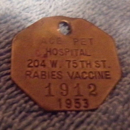 Vintage 1953 Ace Pet Hospital Rabies Vaccine Tag