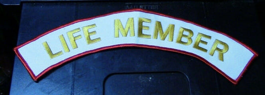 Life Member Vest Patch (Rocker-Gold Letters/Red Outline) 9" Long X 1 3/4" Wide
