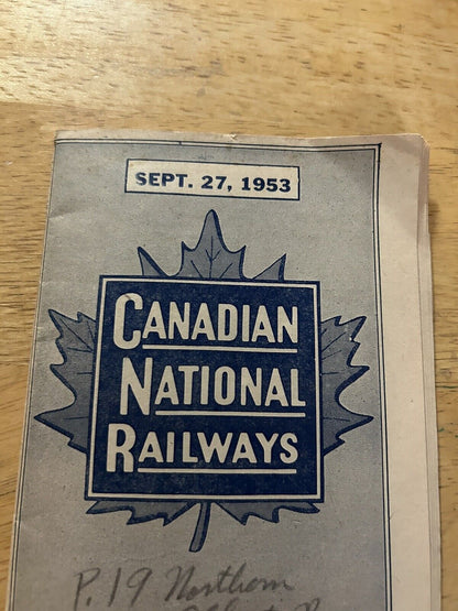 CANADIAN NATIONAL RAILWAYS TIMETABLES SEPTEMBER 27. 1953
