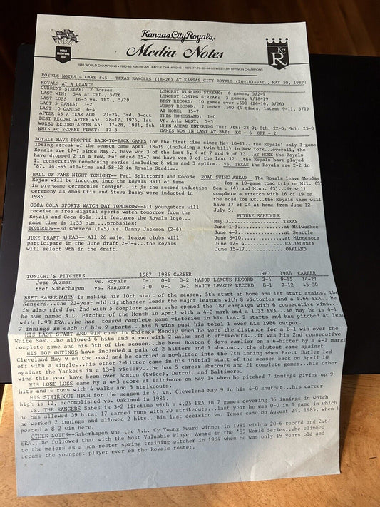 Texas Rangers at KC Royals May 1987-Kansas City Royals Baseball Club Media Notes