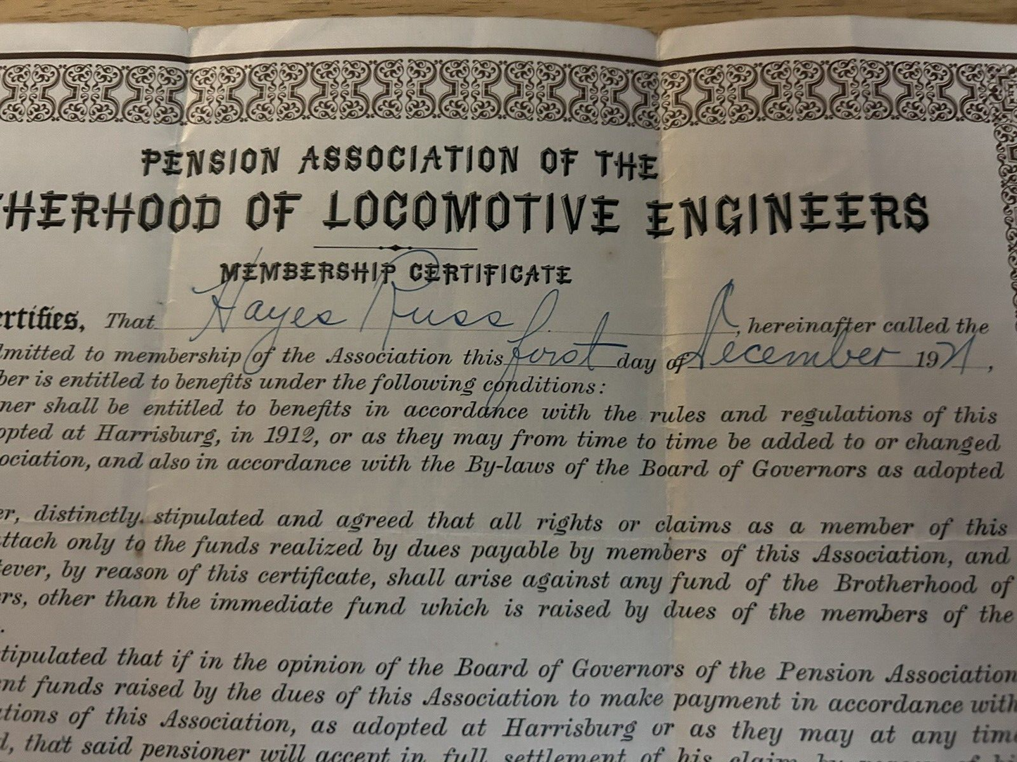 PENSION ASSOCIATION OF THE BROTHERHOOD OF LOCOMOTIVE ENGINEERS CERTIFICATE 1921