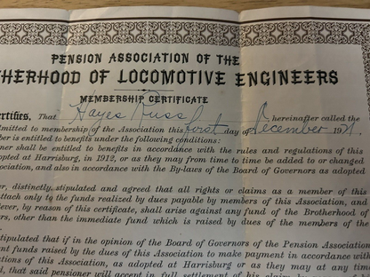 PENSION ASSOCIATION OF THE BROTHERHOOD OF LOCOMOTIVE ENGINEERS CERTIFICATE 1921