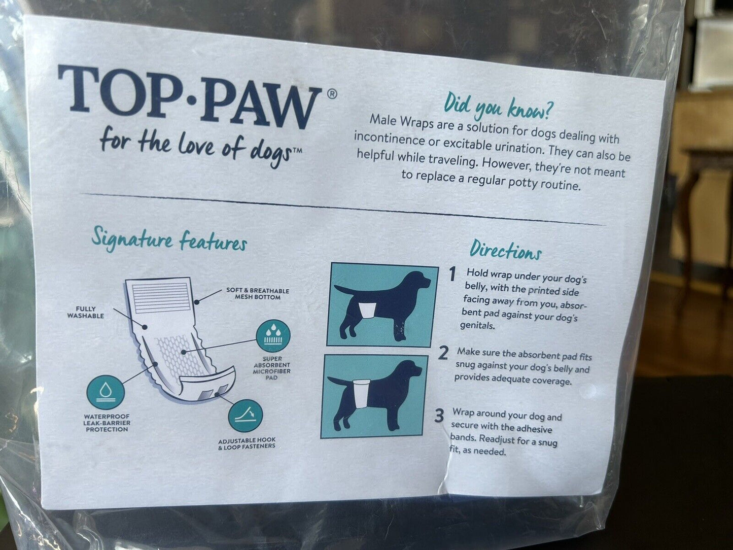 Top Paw Washable Male Wraps (For Large Dogs (17.3-22.8) Package of 3/Brand New