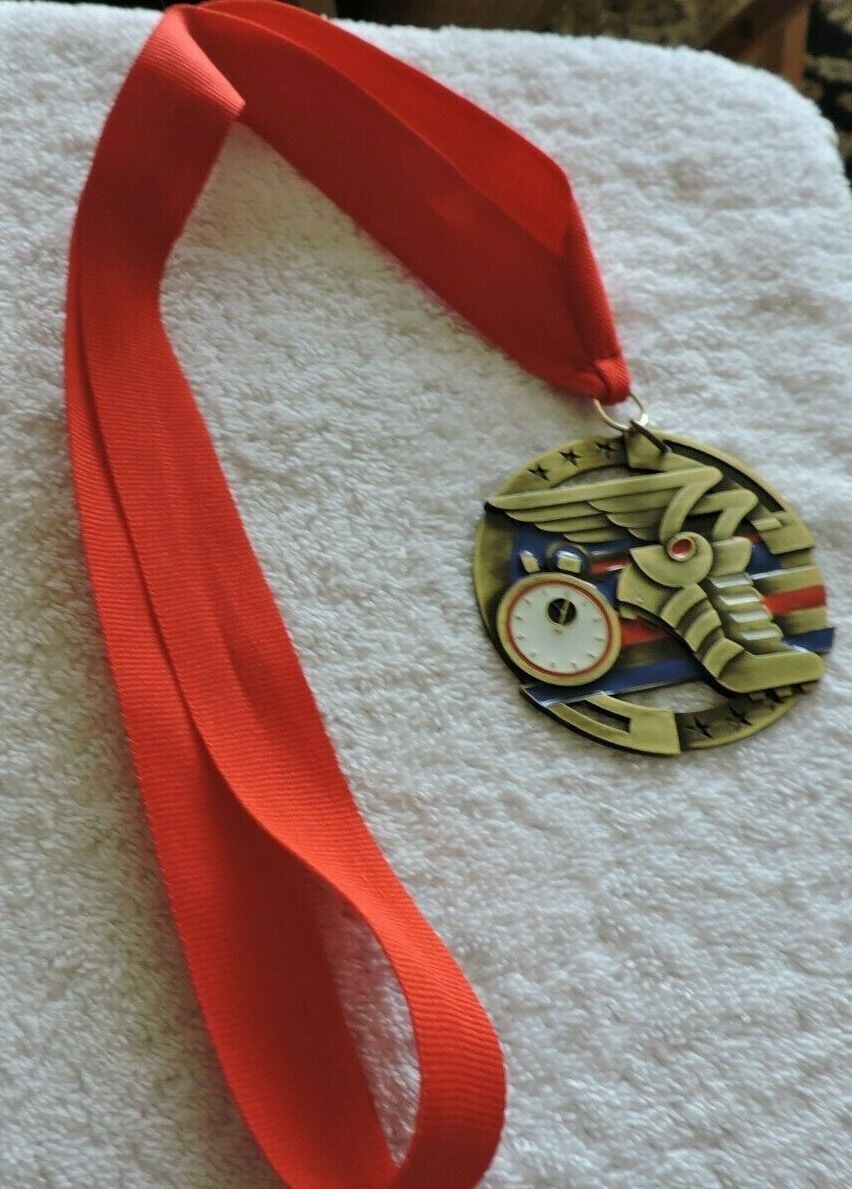TRACK AND FIELD/RUNNING MEDAL 2.75 INCH ROUND WITH RED RIBBON
