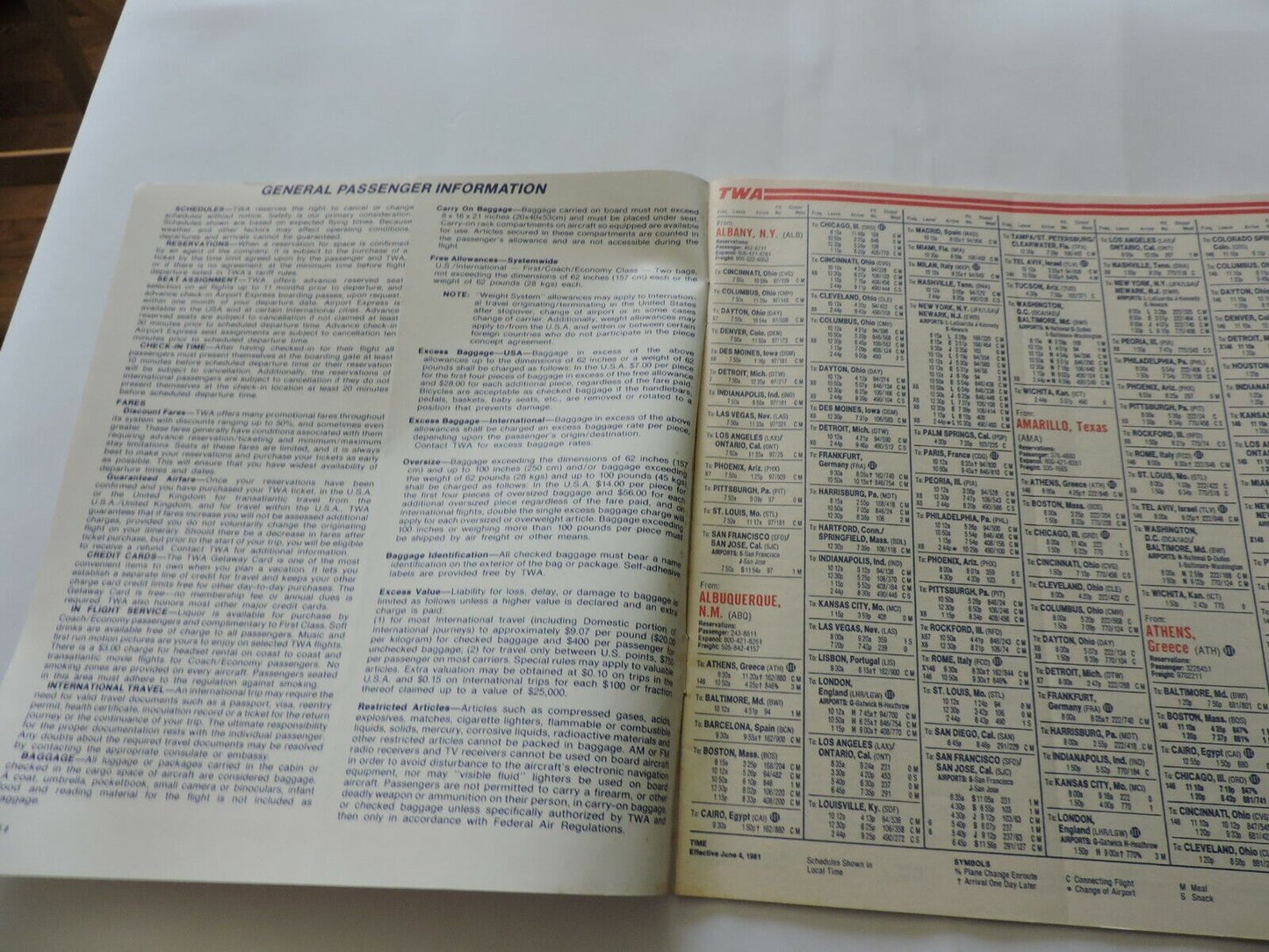 TWA  TIMETABLE JUNE 4-JUNE 30, 1981