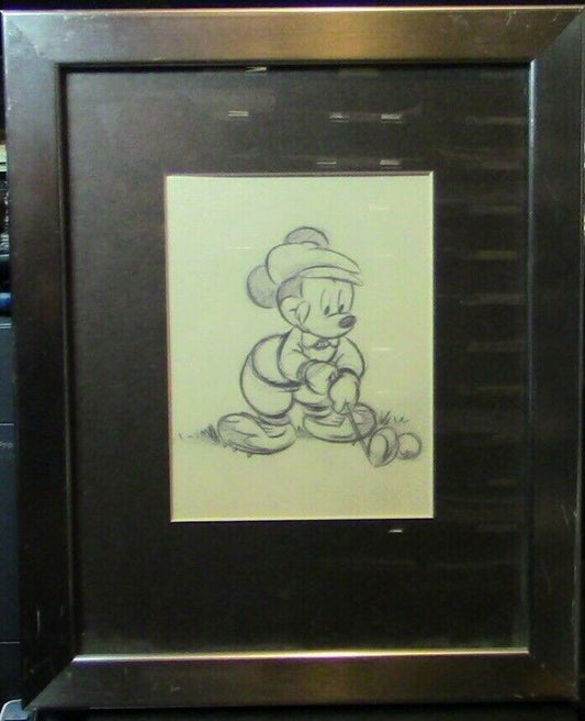 Artist Created (Framed) Pencil Drawing: Micky Mouse Golfing