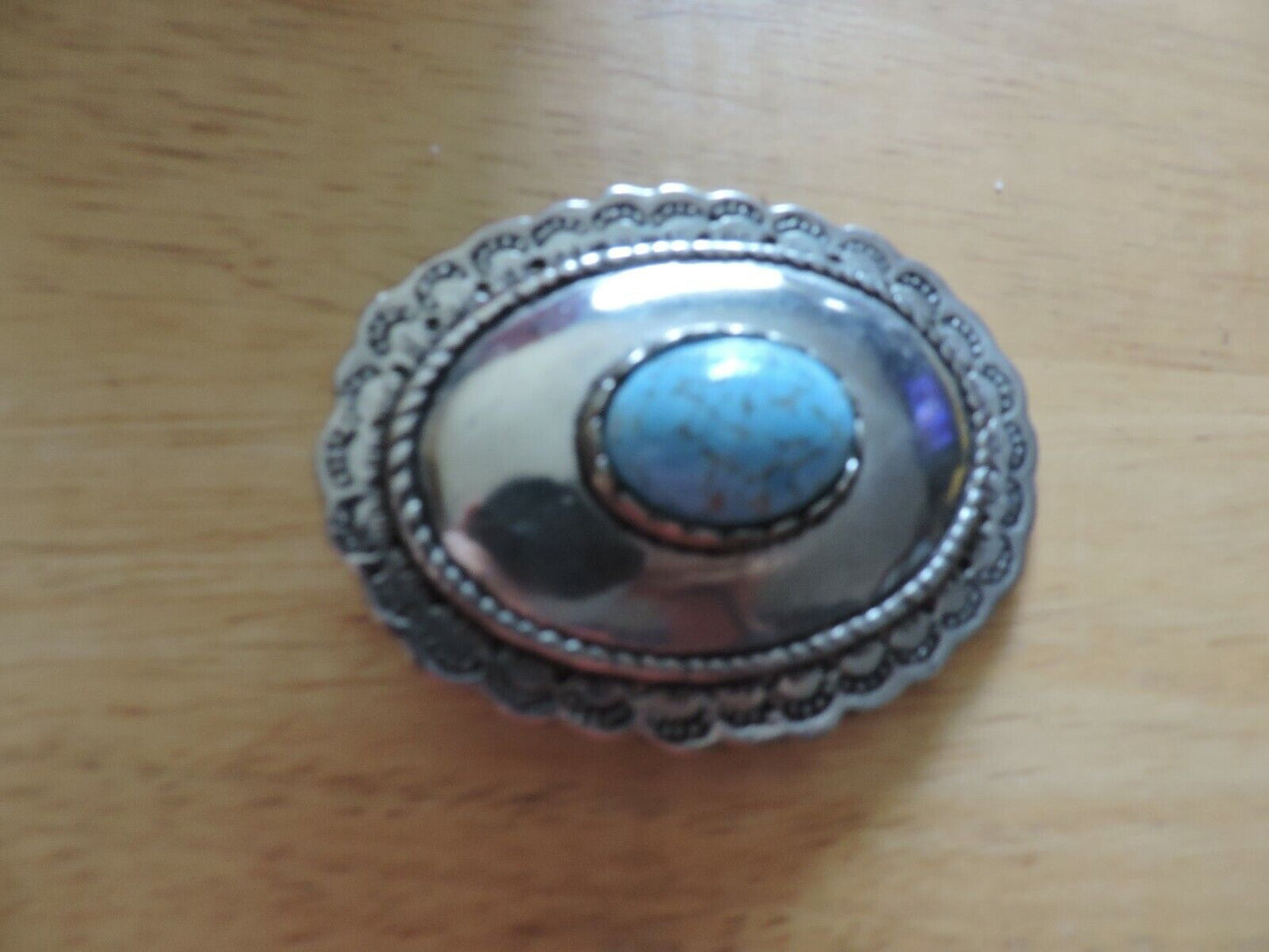HANDMADE OVAL SHAPE PEWTER BELT BUCKLE WITH TURQUOISE  OVAL STONE 3 X 2.5
