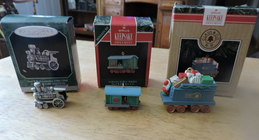 HALLMARK KEEPSAKE ORNAMENTS--LOCOMOTIVE, BOX CAR, GIFT CAR