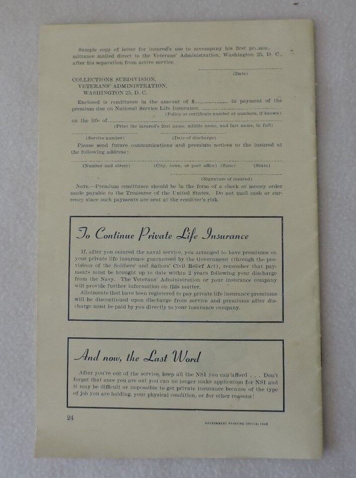 Vintage Military "The Last Word on Life Insurance Men Discharged From the Navy"