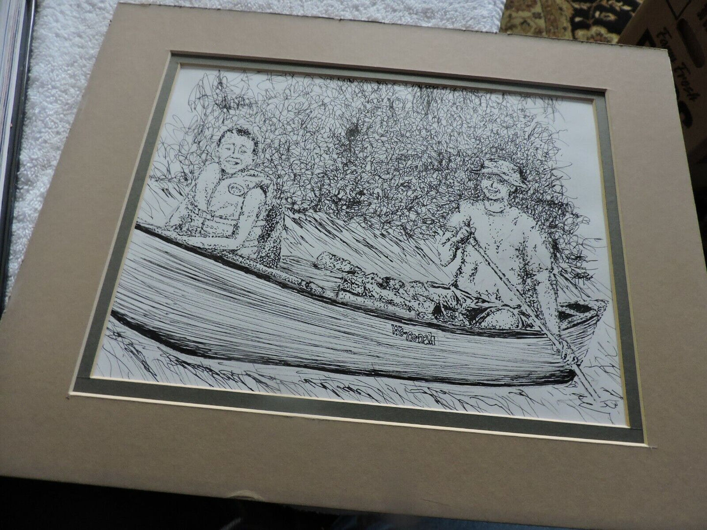 ART  PRINT:   MAN  AND BOY IN CANOE,  MATTED,  ARTIST UNKNOWN