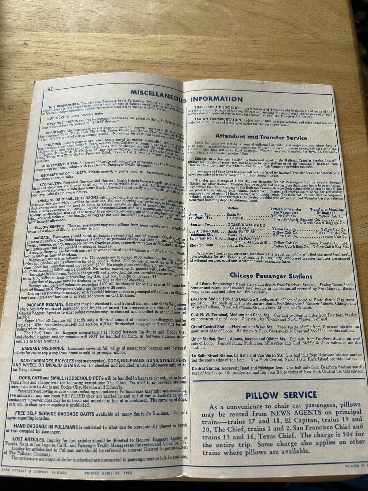 SANTA FE TIEMETABLE 1962 SPRING/SUMMER ISSUE