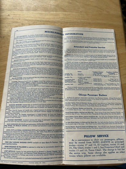 SANTA FE TIEMETABLE 1962 SPRING/SUMMER ISSUE