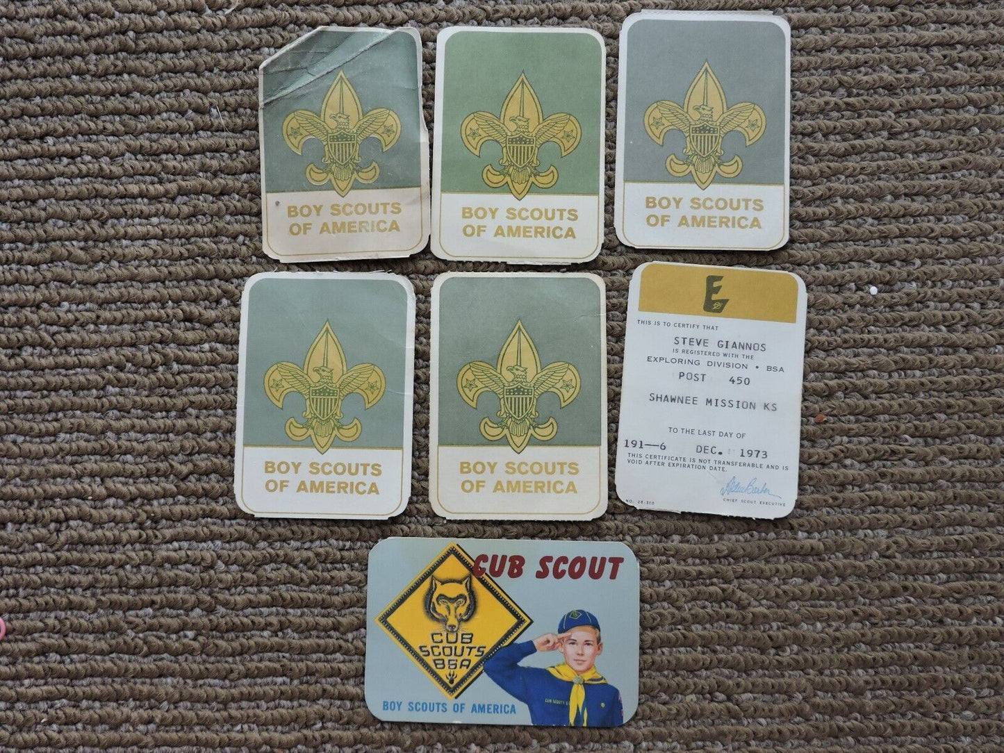 One Boys Journey-Cub Scout to Boy Scout to Explorer Membership Cards