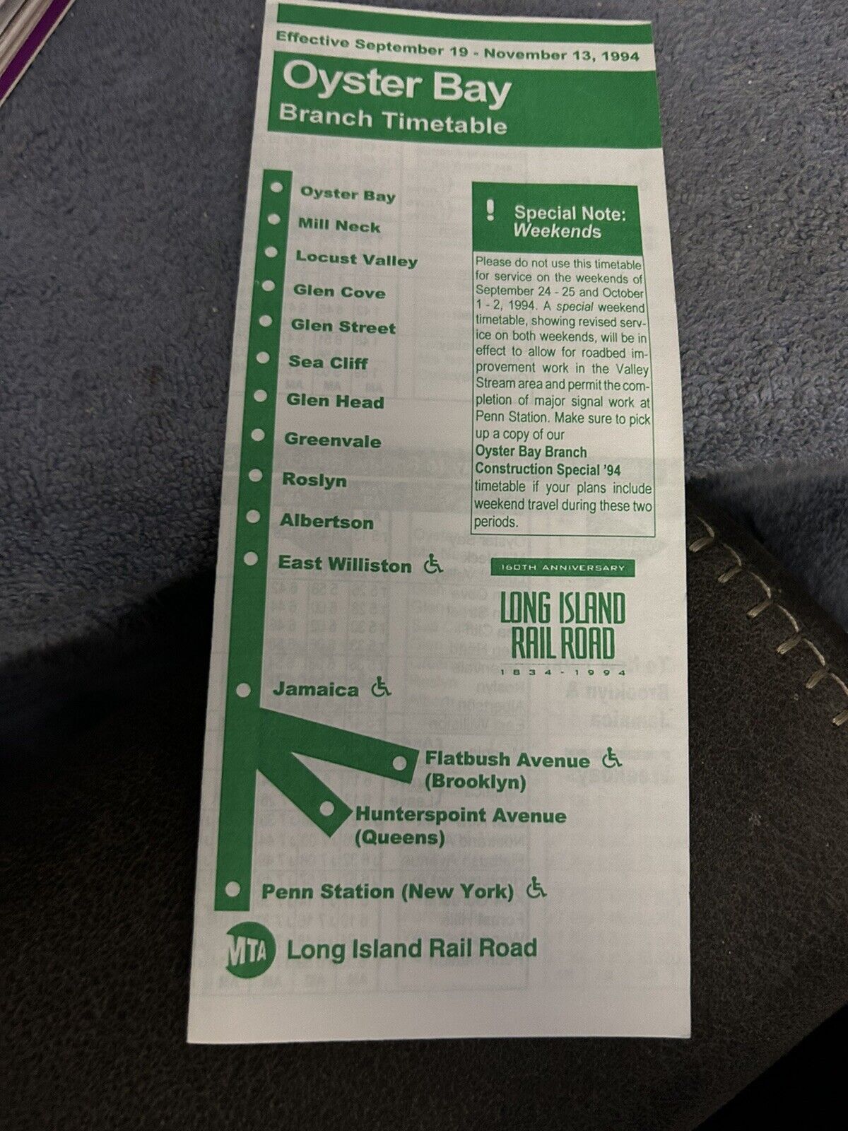 TIMETABLE: LONG ISLAND RAIL ROAD OYSTER BAY 9/19-11/13, 1994