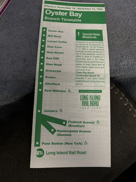 TIMETABLE: LONG ISLAND RAIL ROAD OYSTER BAY 9/19-11/13, 1994