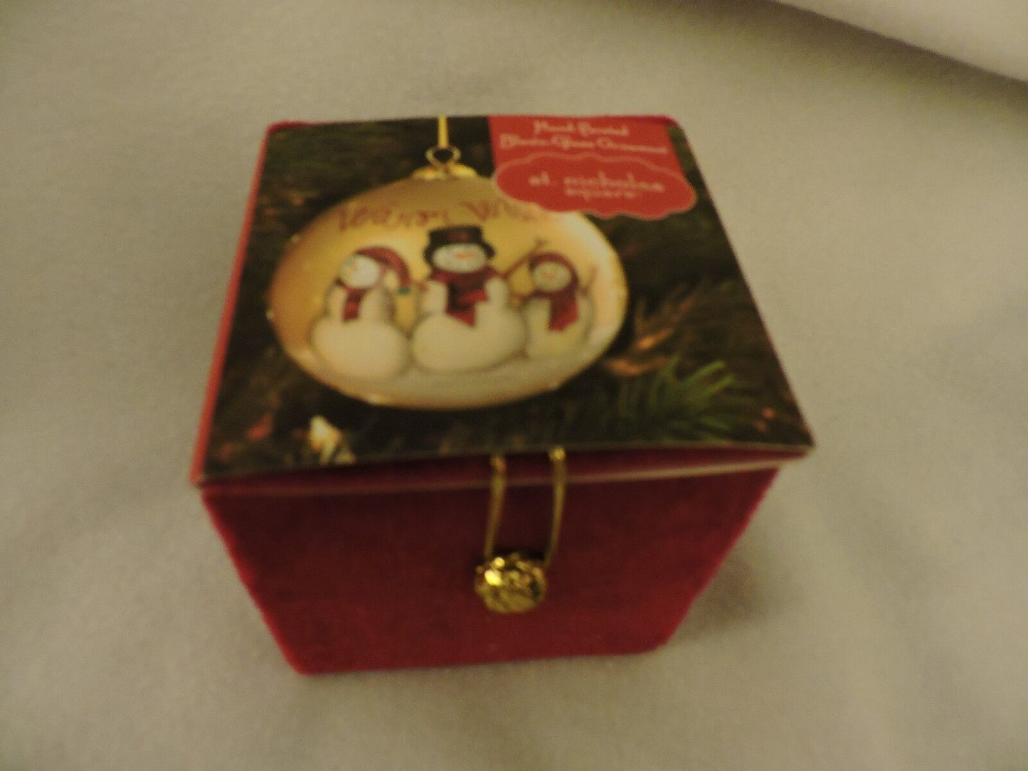 Hand Painted (In Reverse) St. Nicholas Square Snowmen Glass Ornament