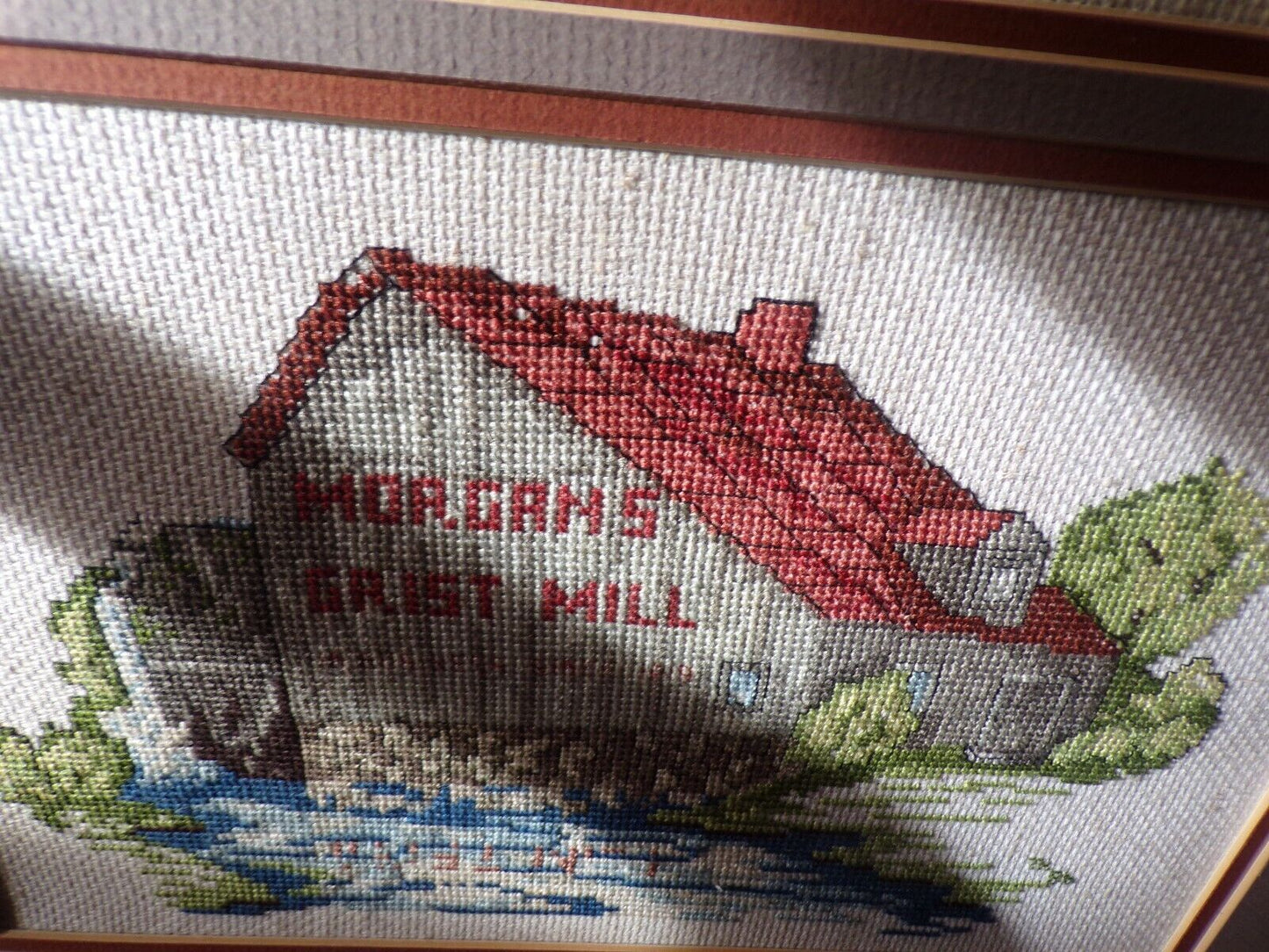 Framed (17" X 21") Needlepoint Art: Bull Woods Tobacco / Morgans Grist Mill 1986