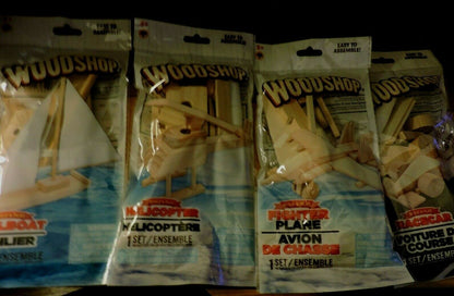 WOODSHOP  SAILBOAT, HELICOPTER, PLANE, RACECAR MODELS SET OF 4: NEW IN PACKAGES