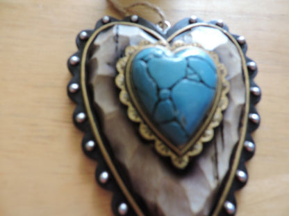 WOOD HEART SHAPE ORNAMENT WITH TURQUOISE HEART SHAPE STONE 4X3 INCHES  2014