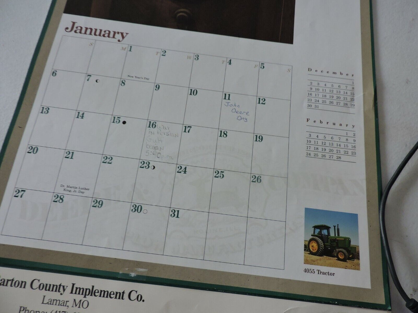 1991 John Deere Calendar, Barton County Implement Co.  Lamar, MO