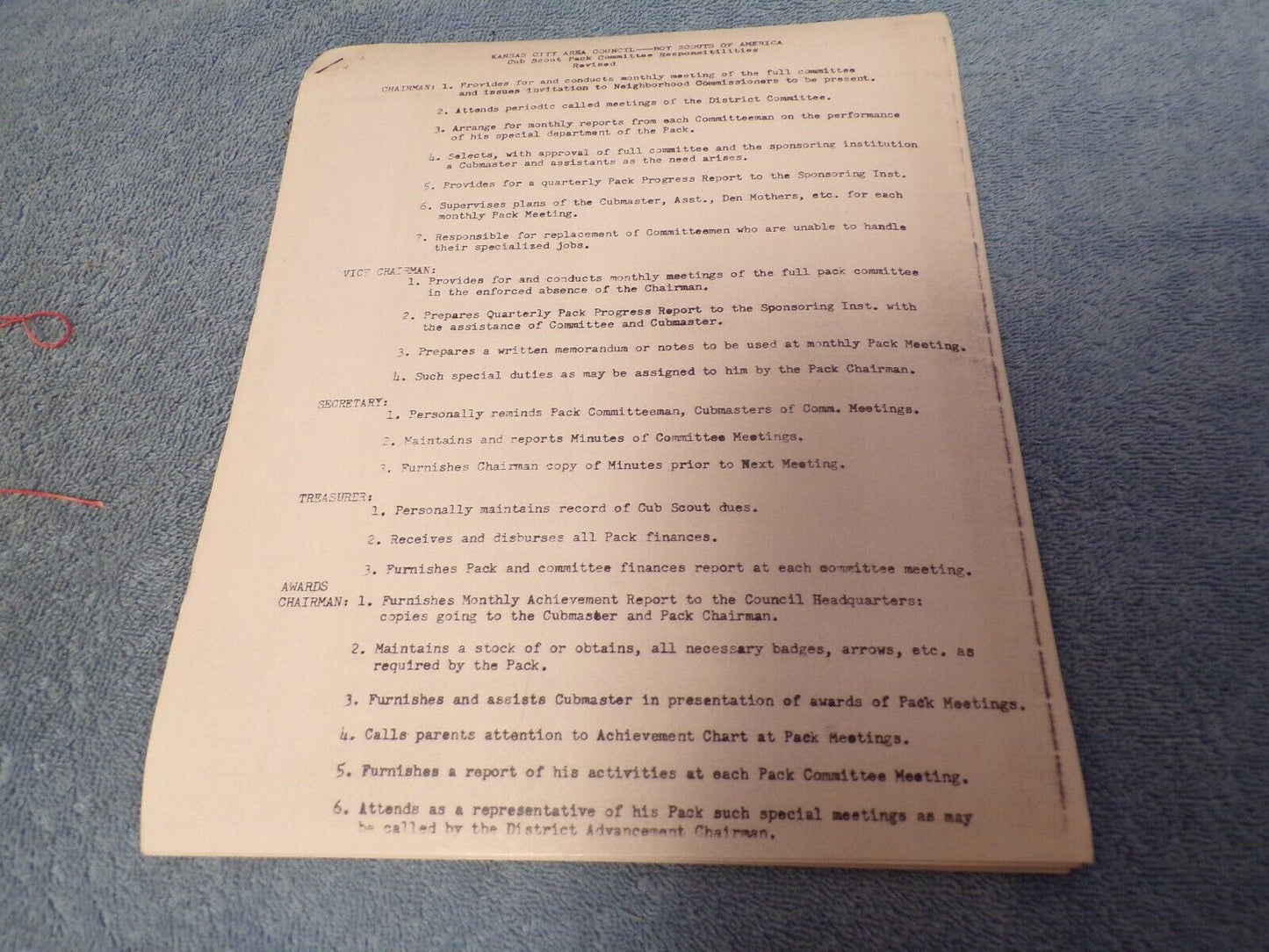 Vintage 1960s Cub Scout Pack: Committee Responsibilities Copies