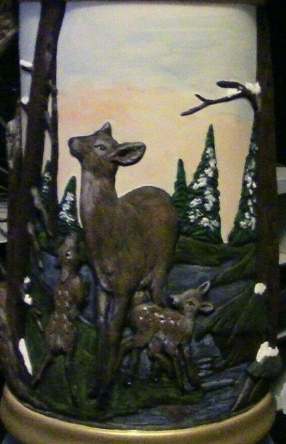 CERAMIK MUG WITH DEER FAMILY PAINTED ON IT  15.5 INCHES TALL/ TOP 4 INCHES BASE