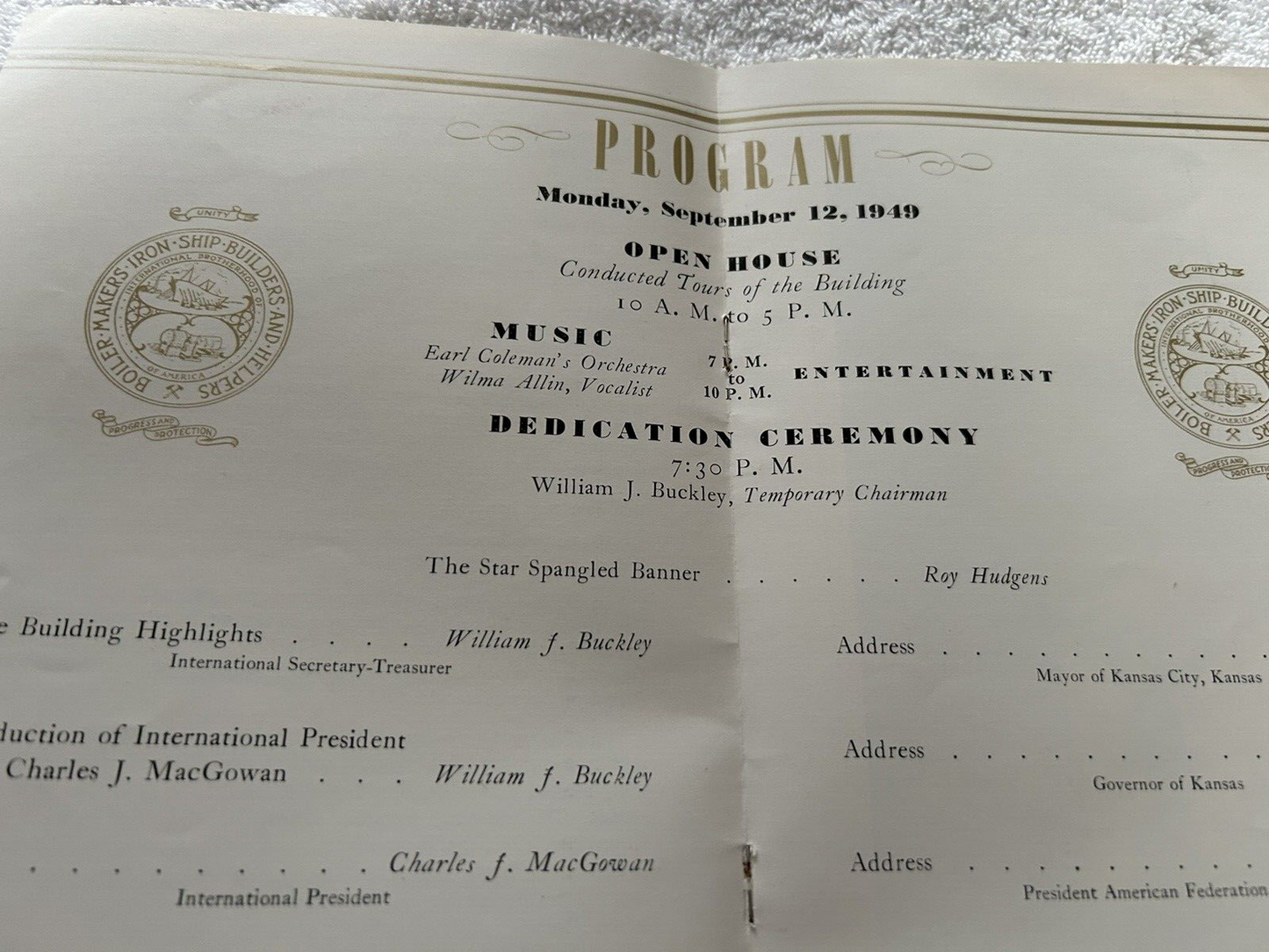 OFFICIAL DEDICATION PROGRAM: THE NEW BROTHERHOOD BUILDING KCKS 1949