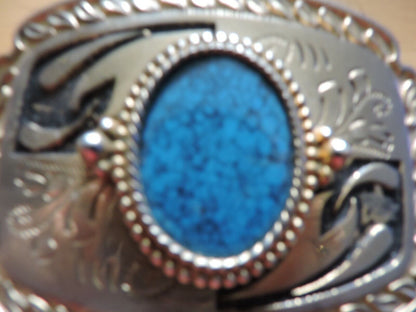 RECTANGULAR SHAPED BELT BUCKLE WITH OVAL TURQUOISE STONE 4X3 INCHES
