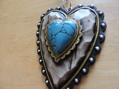 WOOD HEART SHAPE ORNAMENT WITH TURQUOISE HEART SHAPE STONE 4X3 INCHES  2014