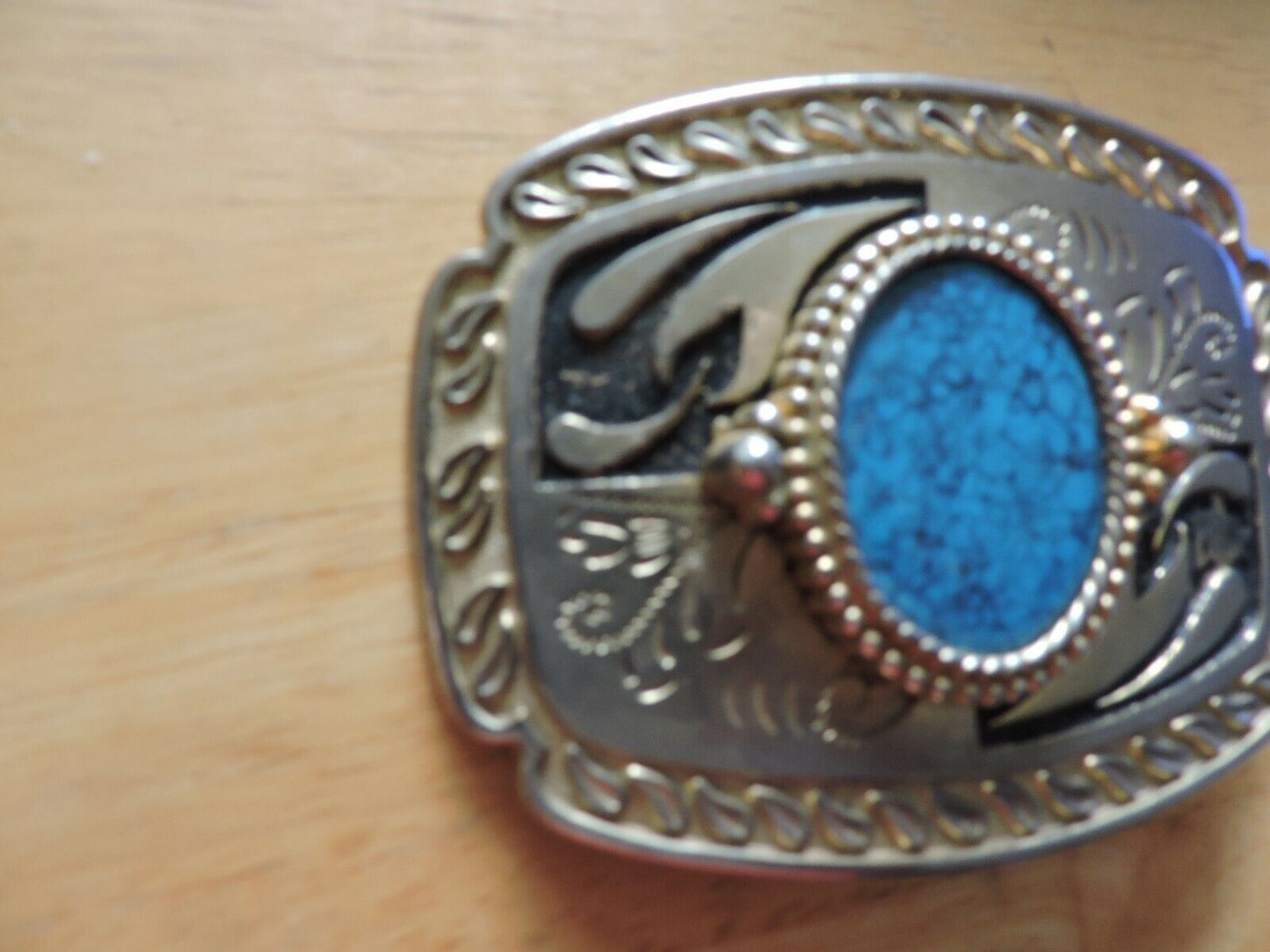 RECTANGULAR SHAPED BELT BUCKLE WITH OVAL TURQUOISE STONE 4X3 INCHES
