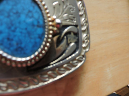 RECTANGULAR SHAPED BELT BUCKLE WITH OVAL TURQUOISE STONE 4X3 INCHES