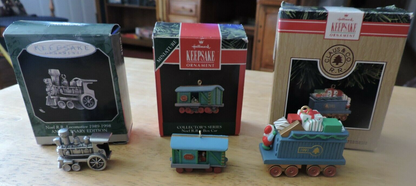 HALLMARK KEEPSAKE ORNAMENTS--LOCOMOTIVE, BOX CAR, GIFT CAR