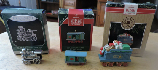 HALLMARK KEEPSAKE ORNAMENTS--LOCOMOTIVE, BOX CAR, GIFT CAR
