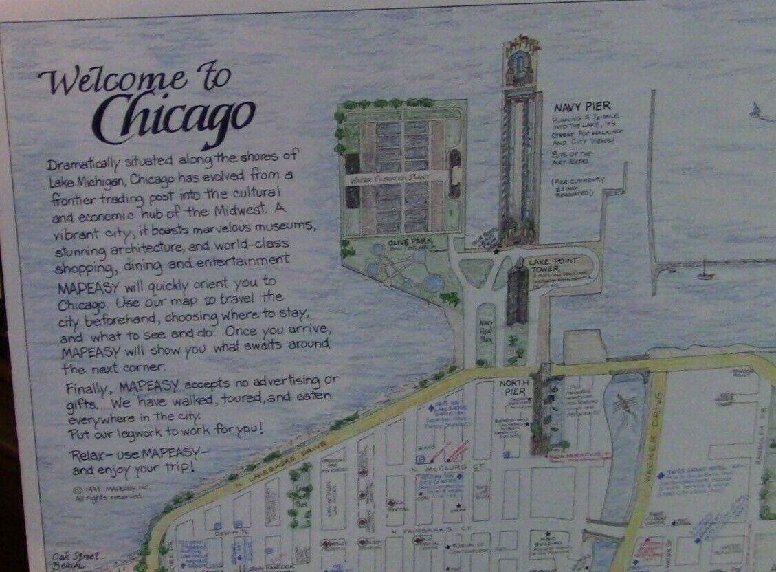 Vintage 1991 MAPEASY Mounted Map: Downtown Chicago and Sourrounding Area Map