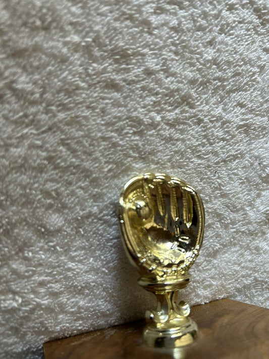 TROPHY: BASEBALL GLOVE--PLASTIC--WOOD BASE--3.75X3.5X3 INCHES