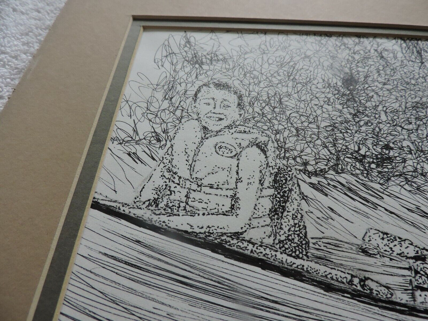 ART  PRINT:   MAN  AND BOY IN CANOE,  MATTED,  ARTIST UNKNOWN