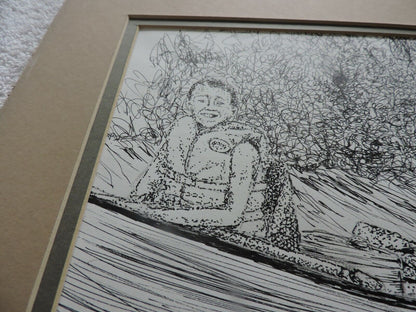 ART  PRINT:   MAN  AND BOY IN CANOE,  MATTED,  ARTIST UNKNOWN