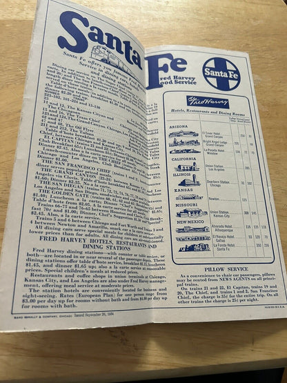 SANTE FE TIMETABLE SEPTEMBER -DECEMBER 1954--TICKET AGENT EDITION
