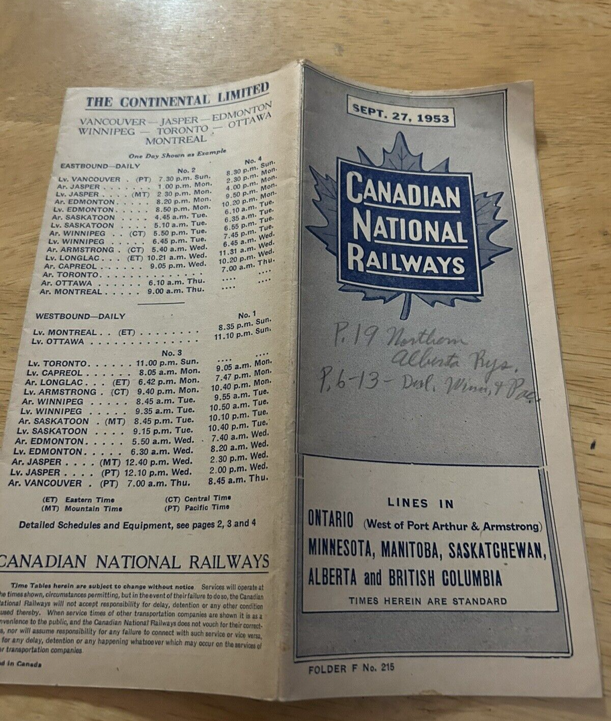 CANADIAN NATIONAL RAILWAYS TIMETABLES SEPTEMBER 27. 1953