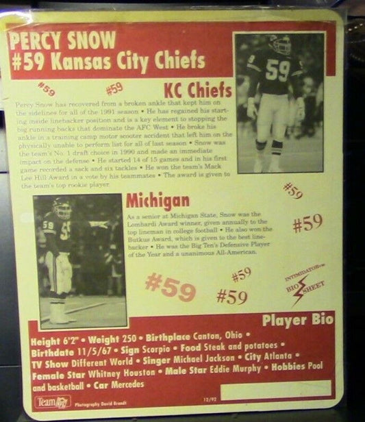 Official NFL: Kansas City Chiefs Player Photo & History: Percy Snow
