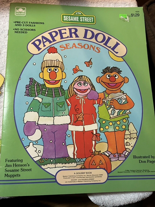 WHITMANS 1984 SESAME STREET BERT, ERNIE, AND PRAIRIE DAWN PAPER DOLLS:  SEASONS