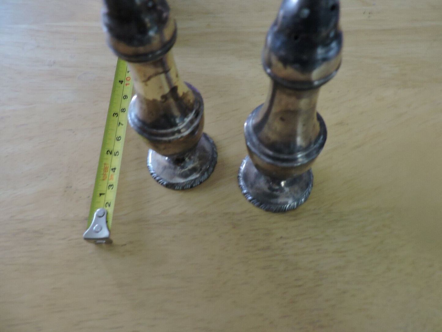 SILVER SALT AND PEPPER SHAKERS:  (5X1.5 INCHES) MADE IN THE USA