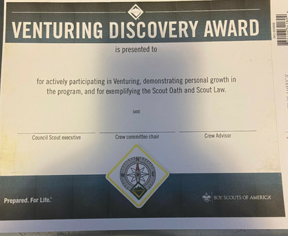 BSA Venturing Program: Discovery Rank Patch & Certificate Set