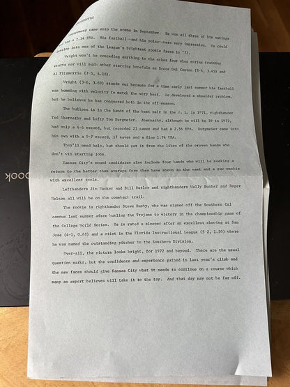 Prospectus for 1972-Kansas City Royals Baseball Club News Release