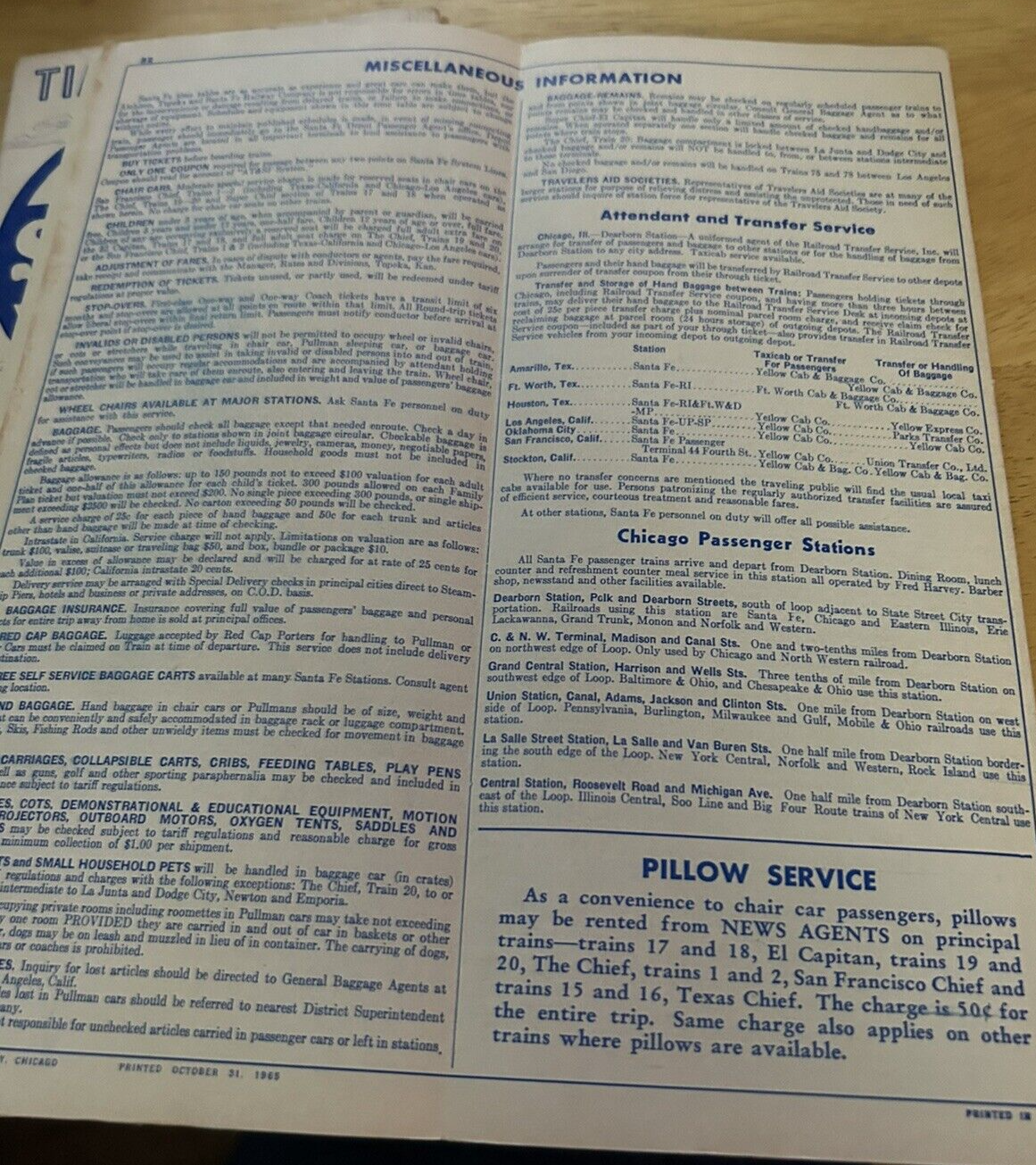 SANTA FE TIMETABLE 1963 FALL/WINTER