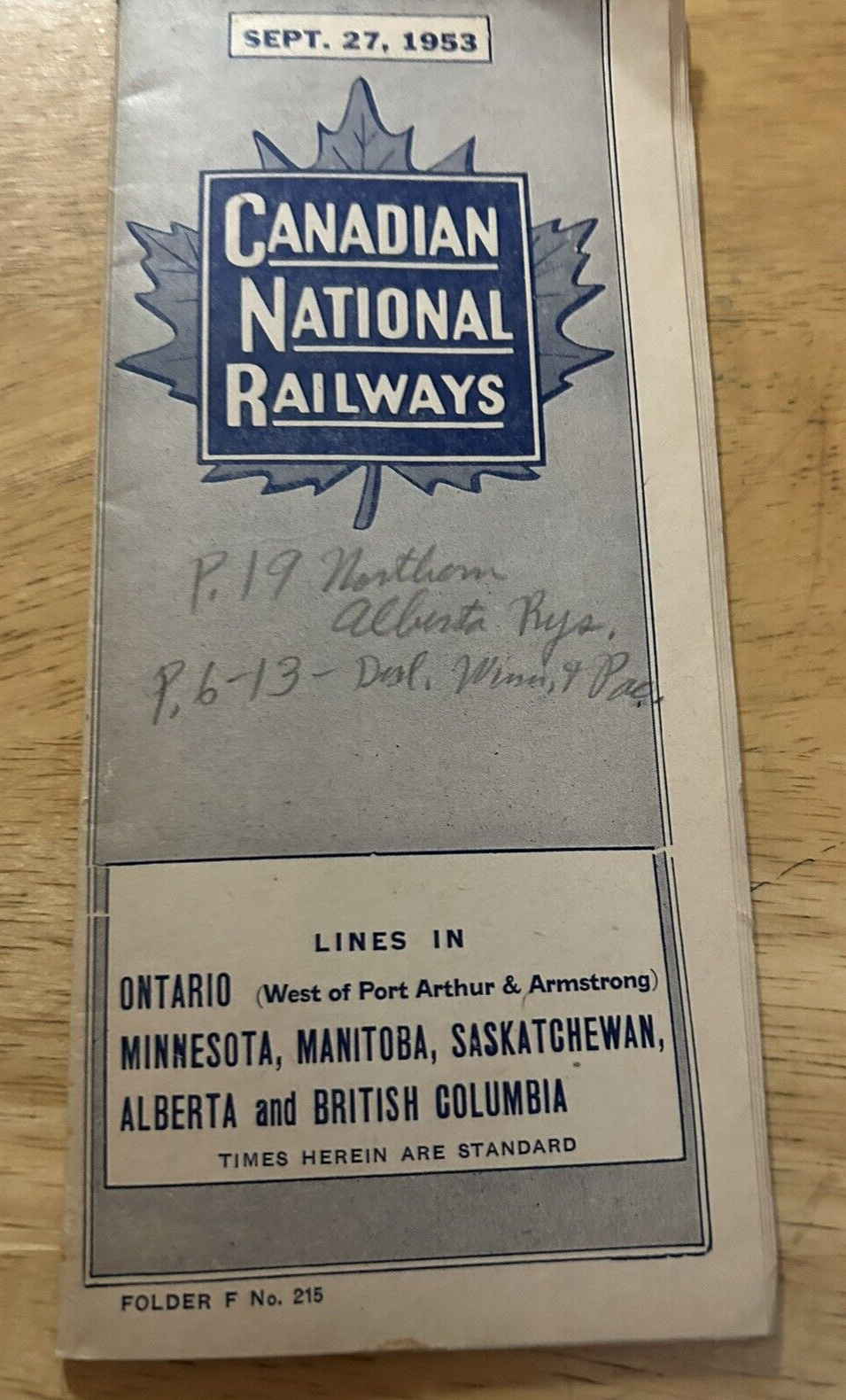 CANADIAN NATIONAL RAILWAYS TIMETABLES SEPTEMBER 27. 1953